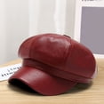 thumbnail image 2 of Women Spring Summer Beret Retro Solid Color Faux Leather Short Brim Decorative Sun Anti UV Breathable Lady Painter Hat Unisex Octagonal Cap Red, 2 of 8