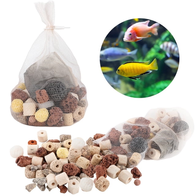 Medios filtrantes para acuario, 2 bolsas de materiales de filtro biológico, 2 libras, biobolas 11 en 1 para acuario, anillos biológicos con bolsa de malla para peceras y estanques, accesorios para med