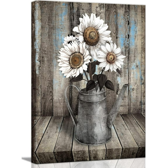 Framed Rustic Farmhouse White Sunflower Wall Art Decor for picture print Floral Vintage Wood Grain Canvas Artwork for Living Room Bedroom Bathroom Office Hotel Modern Home ready to hang 12x16inch