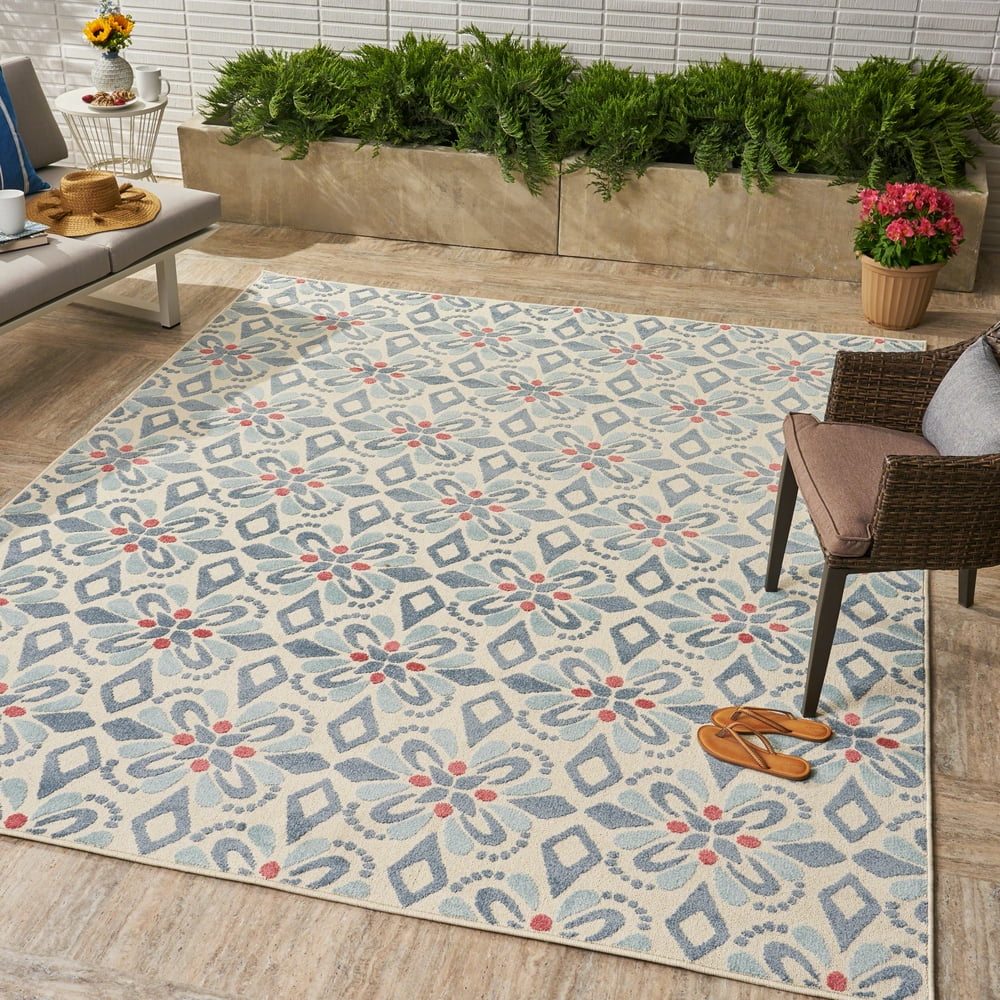 Indoor/Outdoor Floral 8 x 10 Area Rug, Ivory,Blue