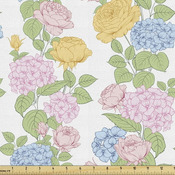 Peony Upholstery Fabric by the Yard, Repeating Pastel Tones Flowers Spring Blossoms Illustration, Decorative Fabric for DIY and Home Accents, 10 Yards, Pale Green Pale Blue by Ambesonne