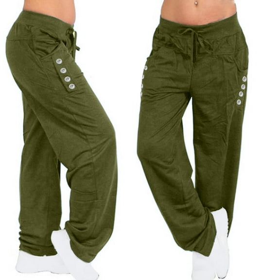 NTACZA Wide-Leg Lounge Pants for Women Green Solid Elastic High Waist Pants Travel Pants for Women On Plane L