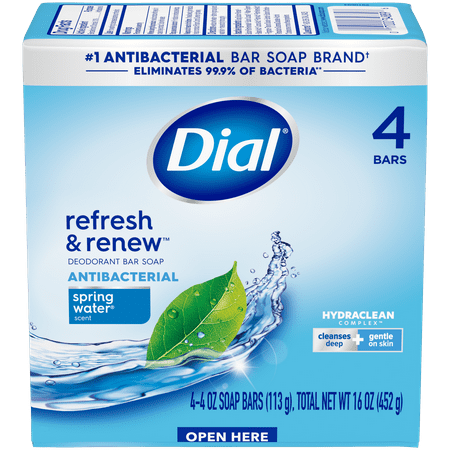 Dial Antibacterial Bar Soap, Refresh &Amp; Renew, Spring Water, 4 Oz, 4 Bars
