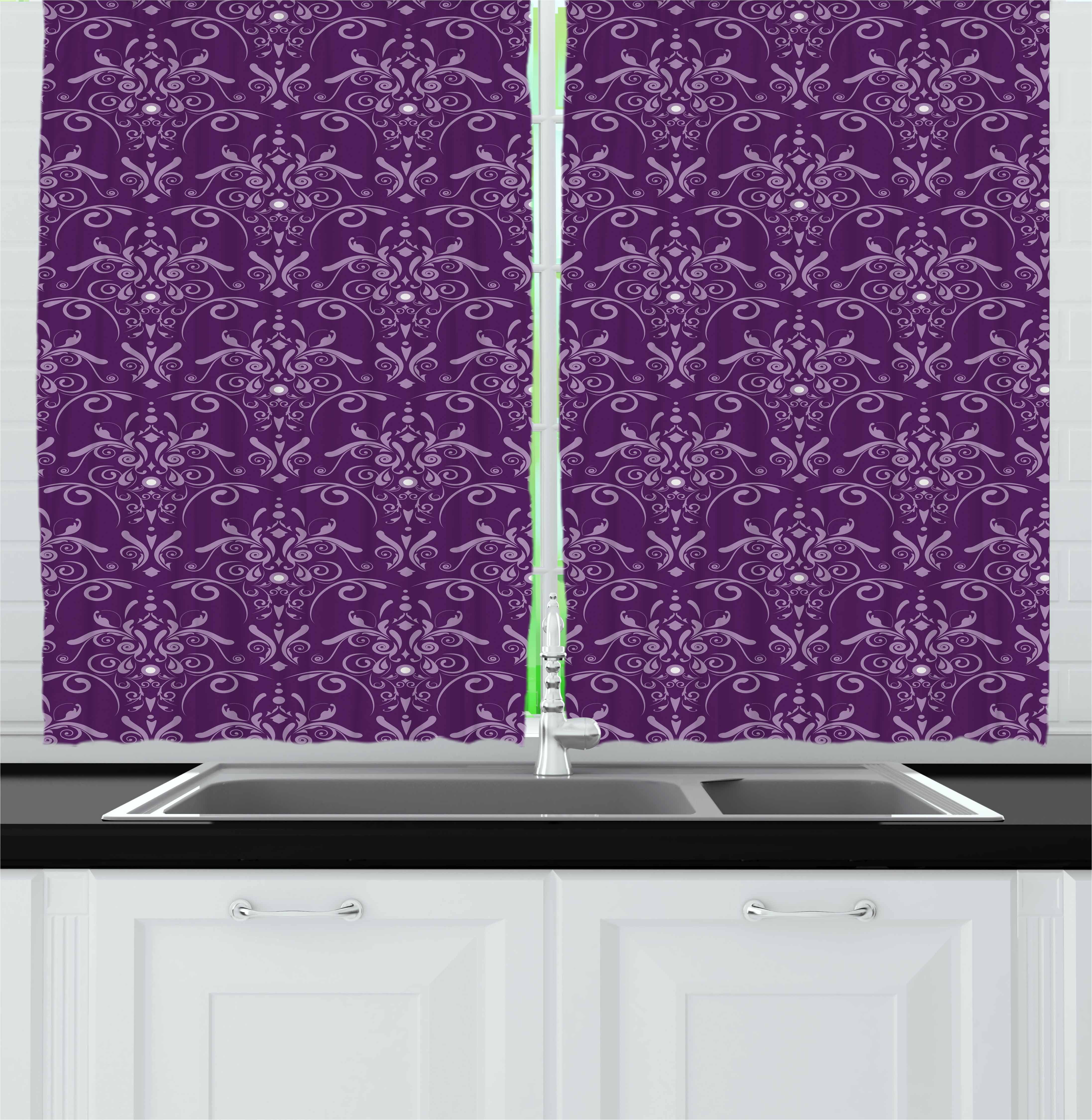 Eggplant Curtains 2 Panels Set, Damask Pattern with Symmetrical Abstract Leaves and Swirls