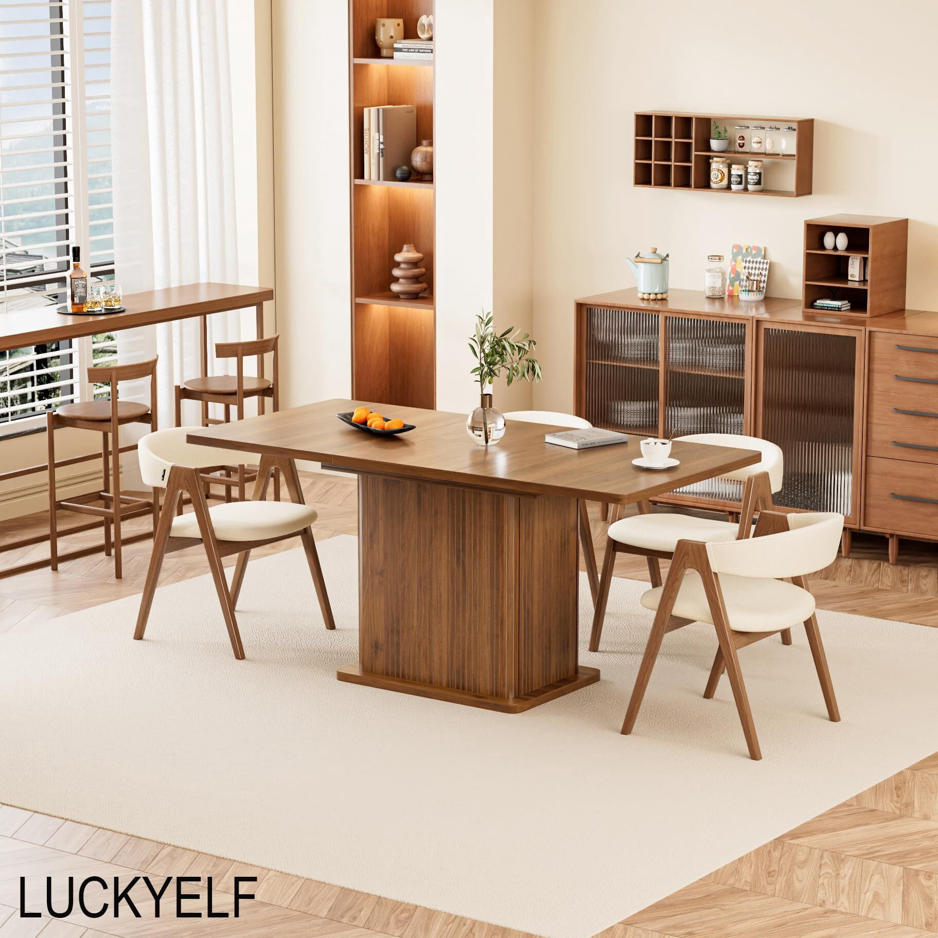 Extendable Black Dining Table 47-65", Seats 4-6, Fluted Wood Kitchen Table with Storage, Mid Century Modern, Walnut