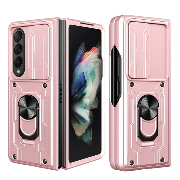 Heavy Duty Case for Samsung Galaxy Z Fold 7 with Back Card Holder & Ring Stand & Camera Lens Sliding Cover, Rugged Hybrid Multi-Layers Shockproof Protective Case Support Magnetic Car Mount, Rosegold