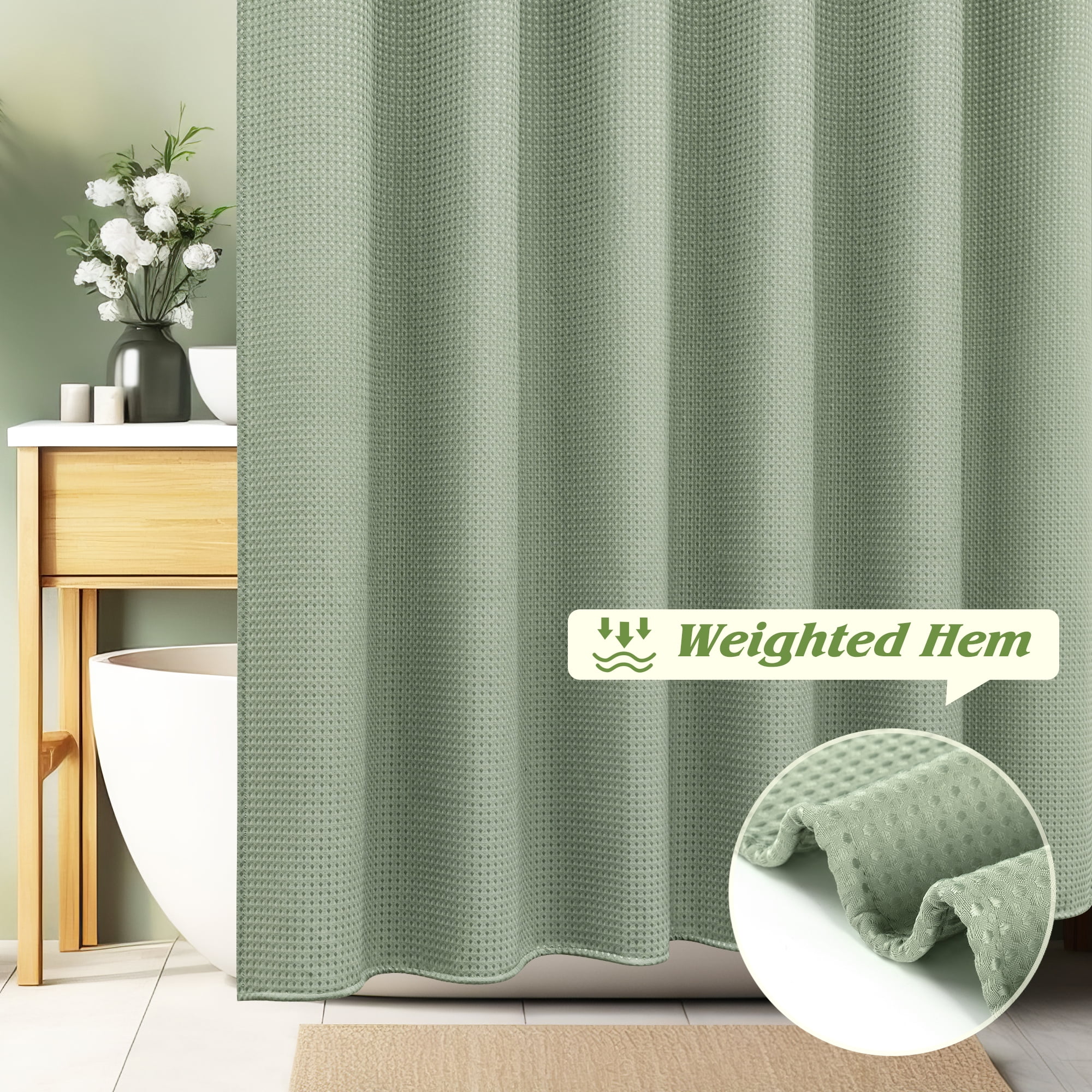 Inosoo Waffle Textured Shower Curtain, 72"W x 96"L Heavy Duty Tall Fabric Shower Curtains for Bathroom, Long Large Hotel Spa Luxury Cloth Bath Curtain, Sage Green