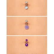 Womens Silver Tone Belly Ring 3-Pack with Purple Crystal and Rose Design, 14G
