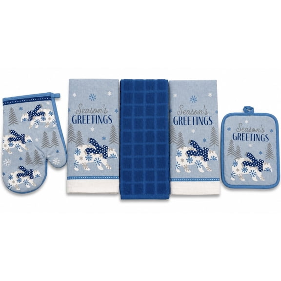 Serafina Home Holiday Winter Kitchen Towels Pot Holders Set: Season's Greetings Polar Bear Forest and Snowflake Fun (Polar Bear)