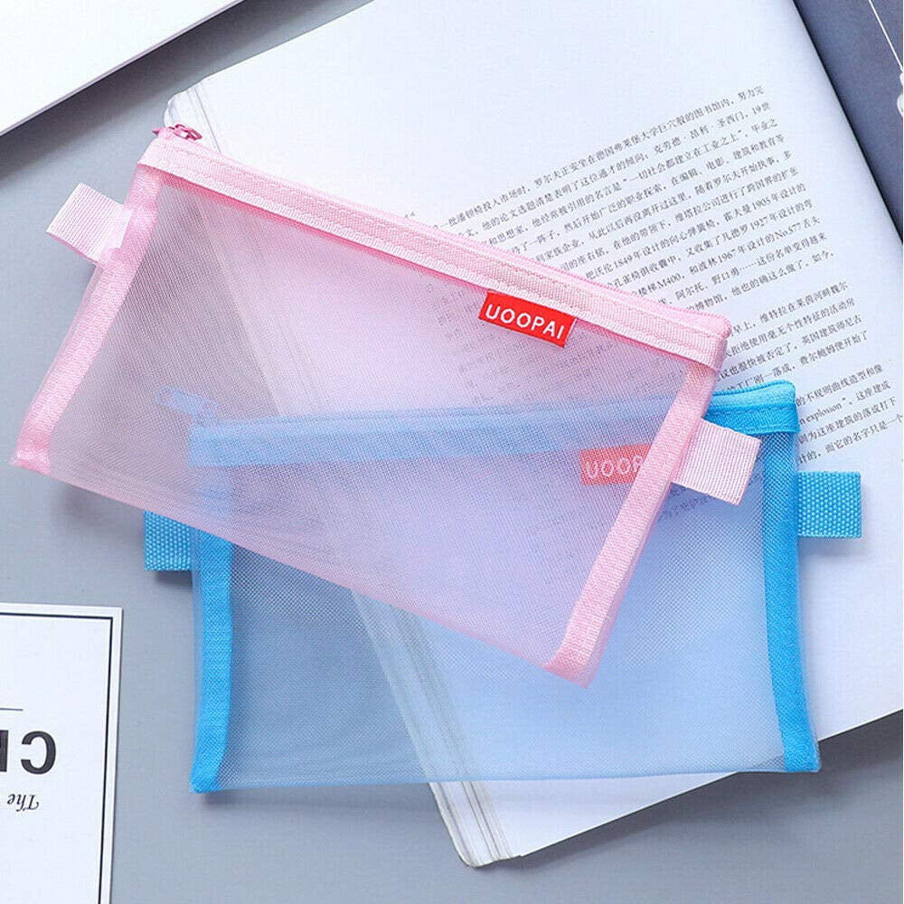 Mesh Pencil Case, Transparent,Zip, High Quality, Large Capacity,Pink