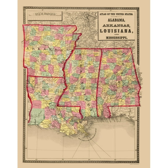 Historic State Map - Alabama Arkansas Louisiana Mississippi - Stedman 1873 - Vintage Wall Art
