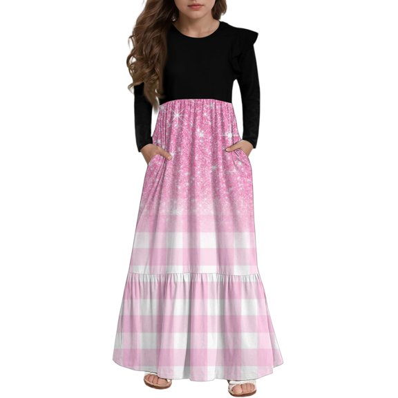 Abcomgle Girls Beach Dress Casual Patchwork Ruffle Long Sleeve Girls Long Dresses Plaid Crew Neck Sundresses Tiered Dresses with Pockets,13-14 Years Pink