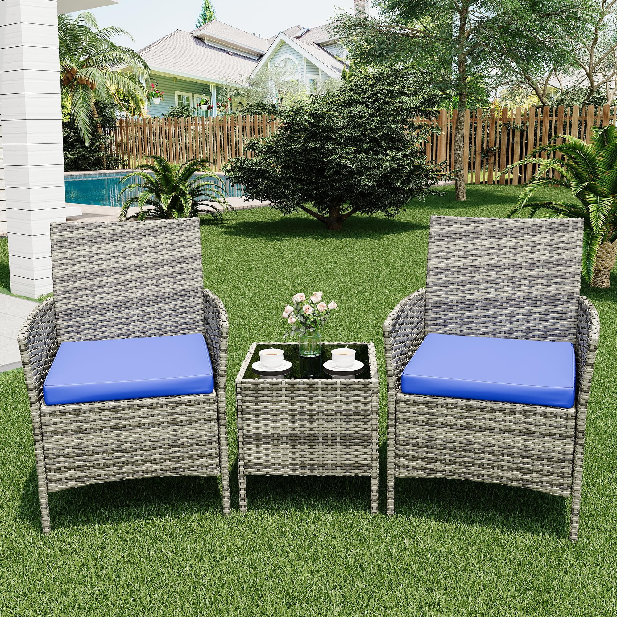 3 Pieces Patio Furniture Sets Outdoor PE Rattan Wicker Chairs with Soft Cushion and Glass Coffee Table for Garden Backyard Porch Poolside