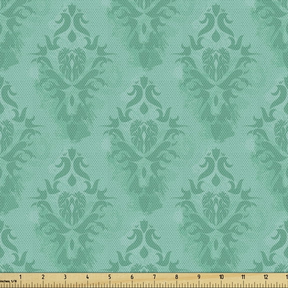Ambesonne Damask Fabric by the Yard Upholstery, Grunge Eastern Details, 10 Yards, Sea Green