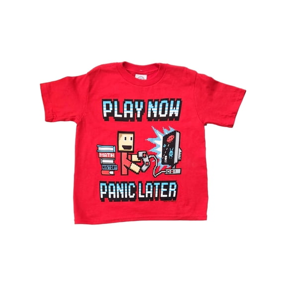 Boys Short Sleeve Red "Play Now, Panic Later" Video Gamer T-Shirt Shirt XXS 4