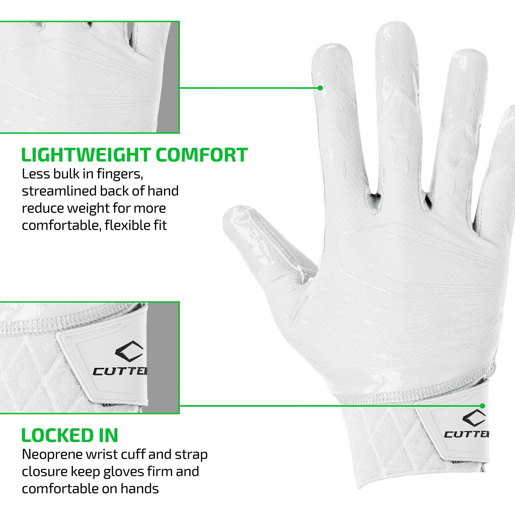 Cutters, Rev Pro 5.0 Football Receiver Gloves, Adult, L, Solid White