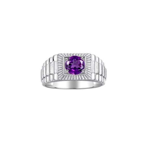 RYLOS Men's Ring 14K White Gold Ring, 7MM Round Shape Gemstone Designer Style Rings Amethyst February Birthstone Rings Gold Size 8