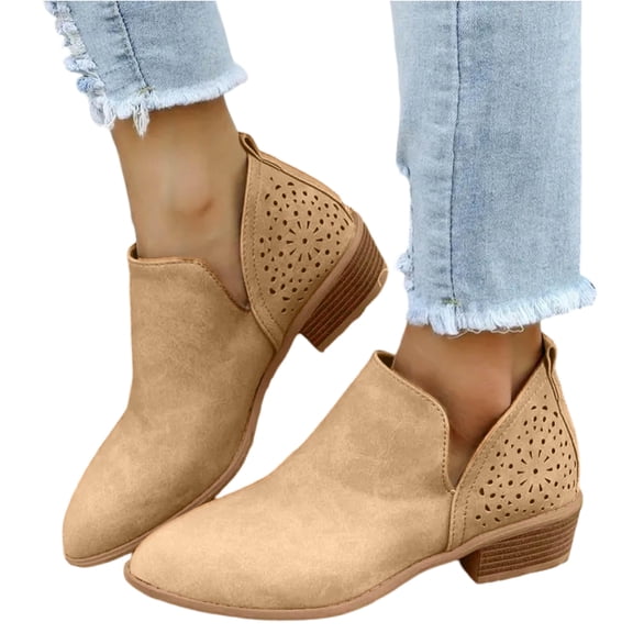 Kopltyrfg Ankle Booties for Women Low Heel V Cut Out Slip On Short Boots Chunky Stacked Heel Pointed Toe Cutout Western Booties Cutout Shoes (Khaki,42)