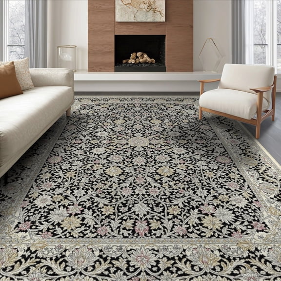 ODIKA 8'x10' Washable Area Rug Non-Shedding, Easy Care, Foyer Ornate Boho Border Vine Motif Decorative Print Entryway for King Size Bedroom Under Bed, Master Suite