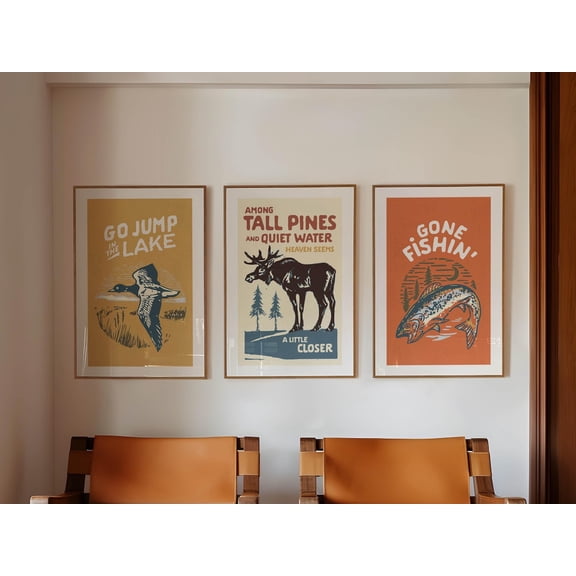 Fun Nature Art Retro Outdoors Art for Lake House Wilderness Cabin Wall Decor Set 3 Unframed Paper Print 8x12