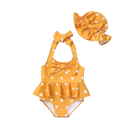 KIMI BEAR Newborn Baby Girls One-piece Swimsuits 6-12 Months Summer Bathing Suits Off the Shoulder Sleeveless Halter Bow Dots Beach Wear Holiday Rash Guard with Headband 2pcs Yellow