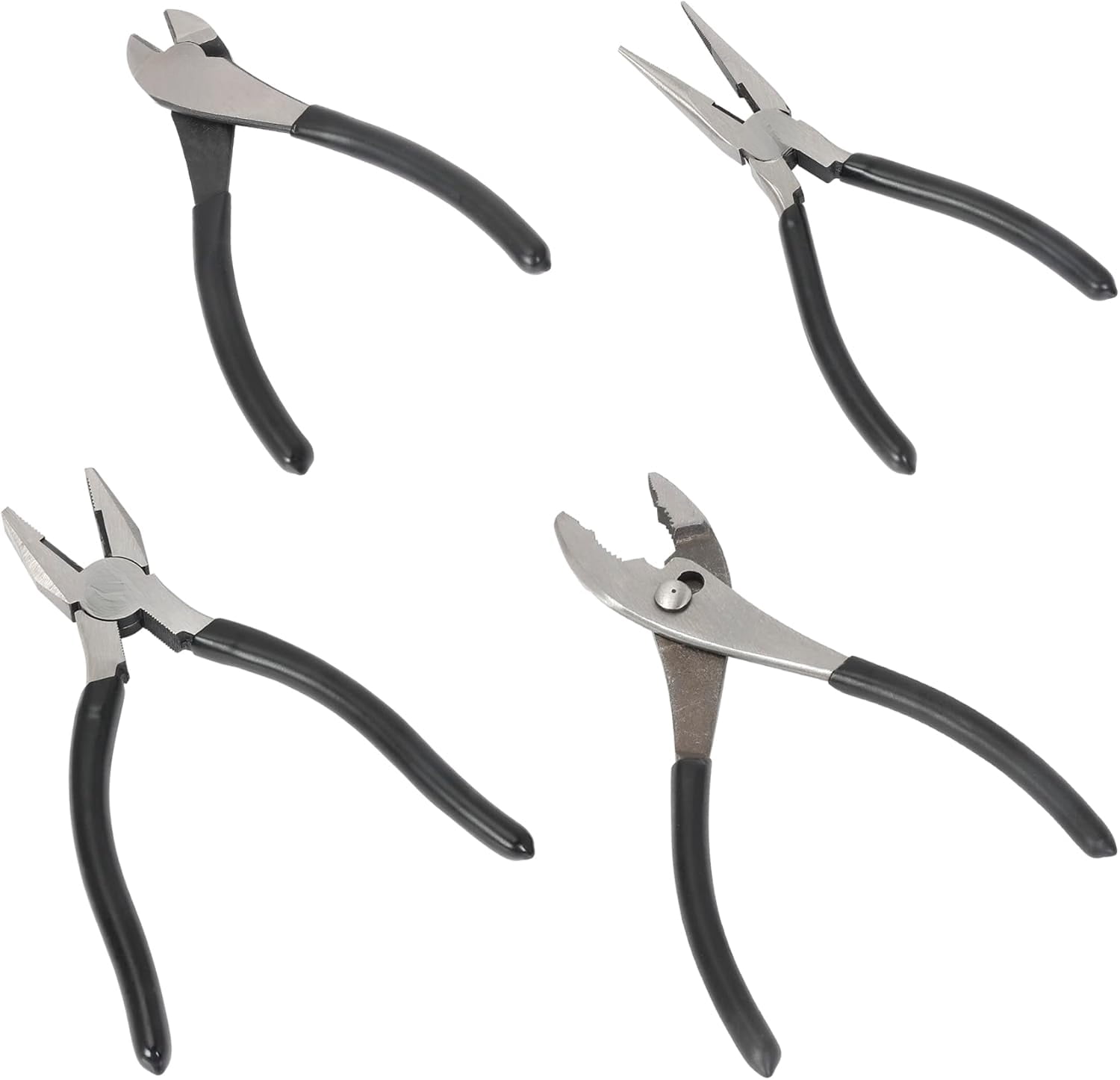 Pliers Set, Hand Tools for Precision, Cutting Wire Cutter with Needle Nose and Diagonal, Quality Tool Set for Home Maintenance, Set of 4, Black and Silver