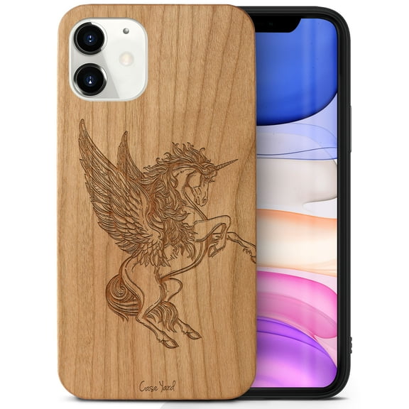 Case Yard Wooden Case Outside Soft TPU Silicone, Slim Fit Shockproof Wood Protective Phone Cover for Girls Boys Men and Women, Supports Wireless Charging Pegasus Design case for iPhone-11