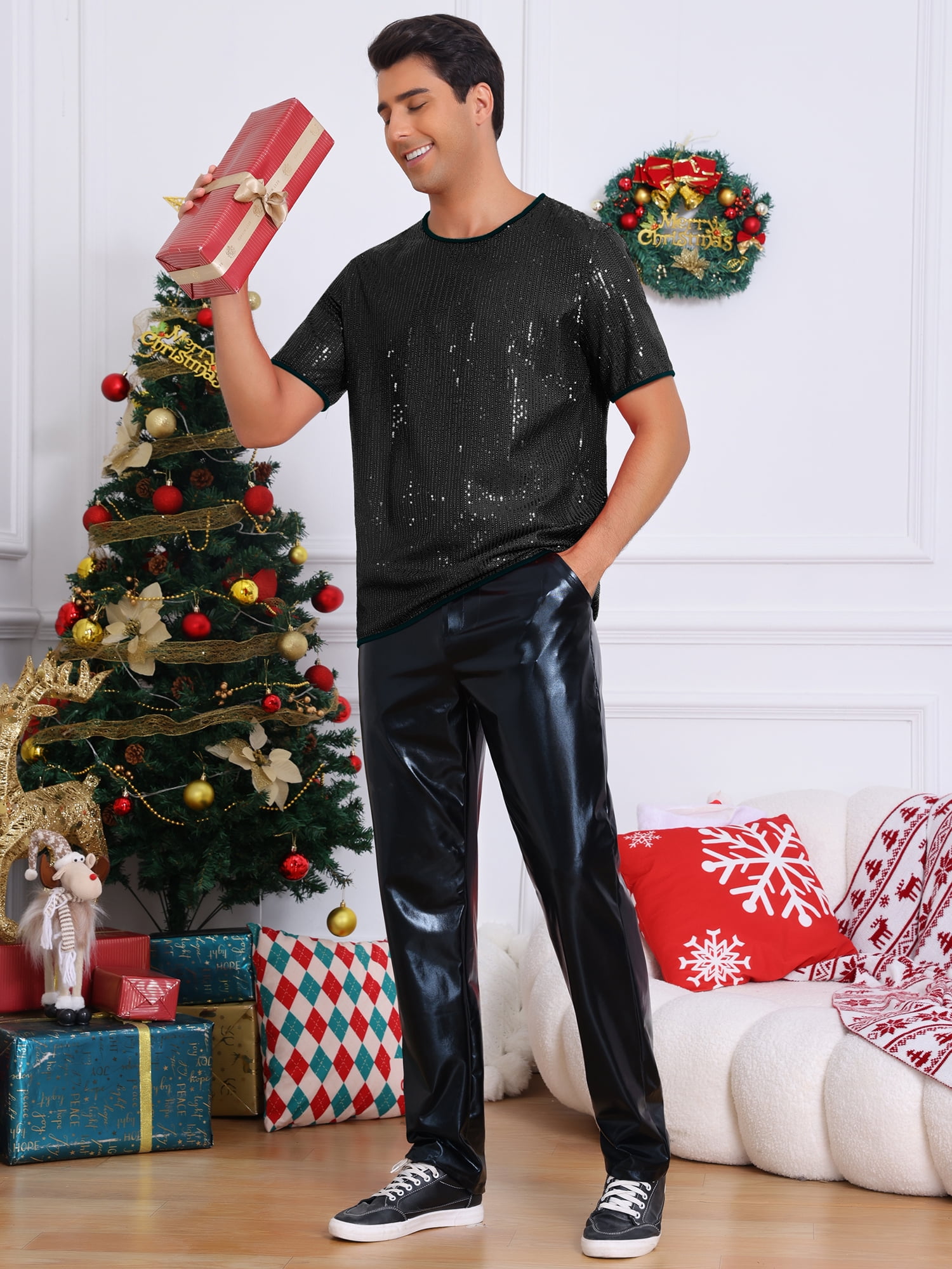 DARING DIVA Men's Short Sleeved Club Rave Party Sparkly Shiny Top S Black