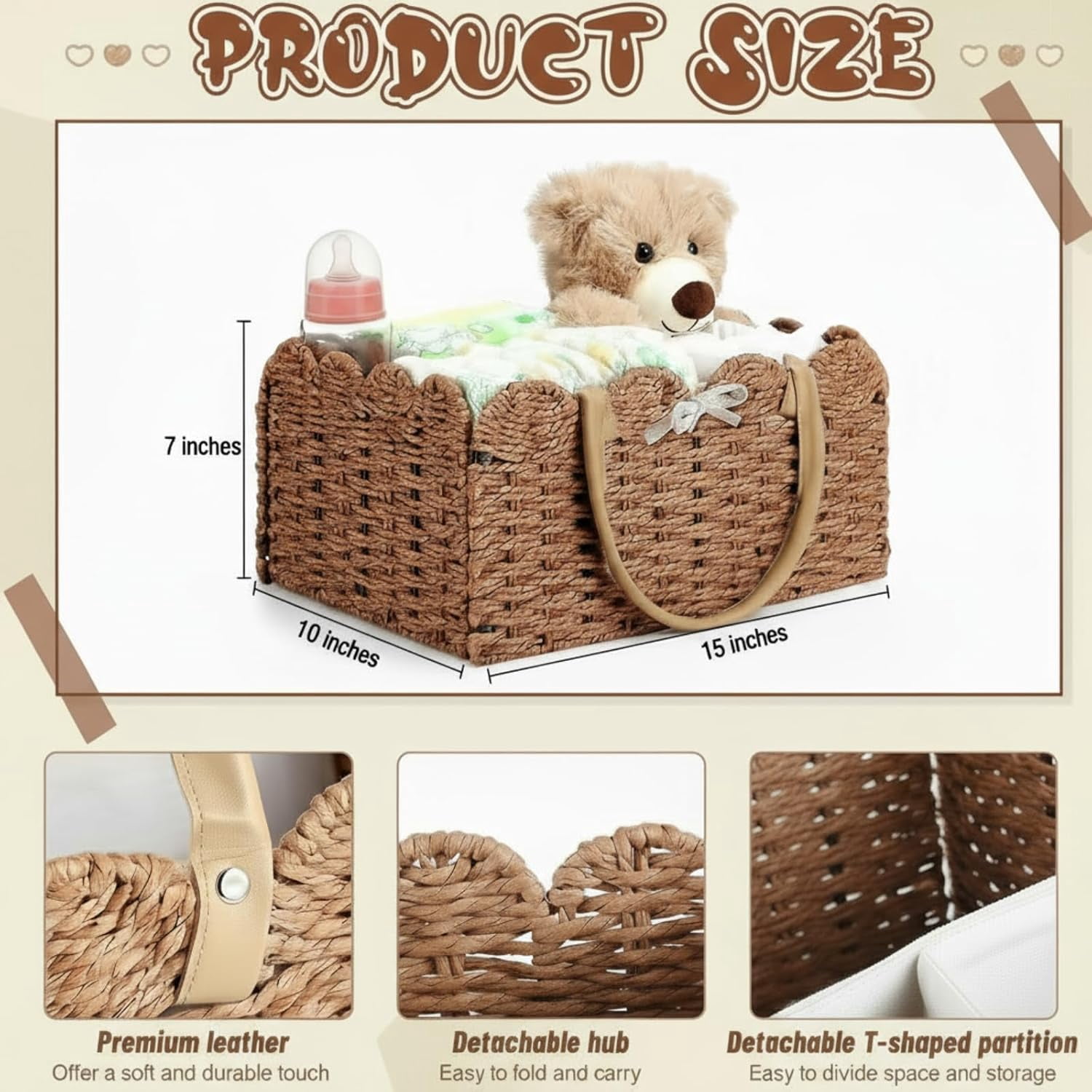 Baby Diaper Caddy Organizer- Woven Paper Rope Storage Baskets Diapers Nursery Bin with Removable Divider for Baby Shower, Newborn Gifts Must Haves