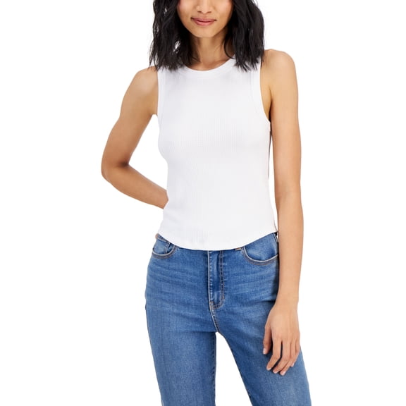 Juniors' Crewneck Seamless Waffle-Knit Tank Top Bright White S