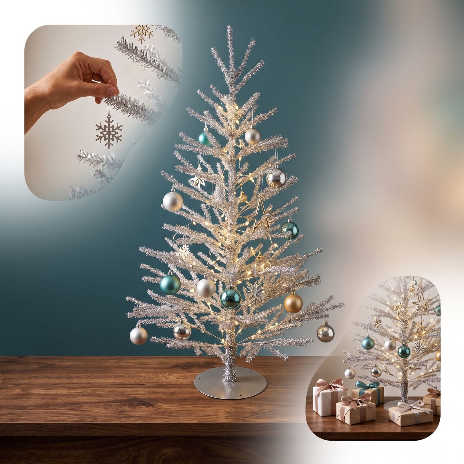 Yomiee 3FT Small Christmas Tree Silver Tabletop Christmas Tree, Slim Artificial Small Xmas Tree with Stable Round Base, Mini Unlit Holiday Decor Tree for Fireplace, Entryway, Home Indoor