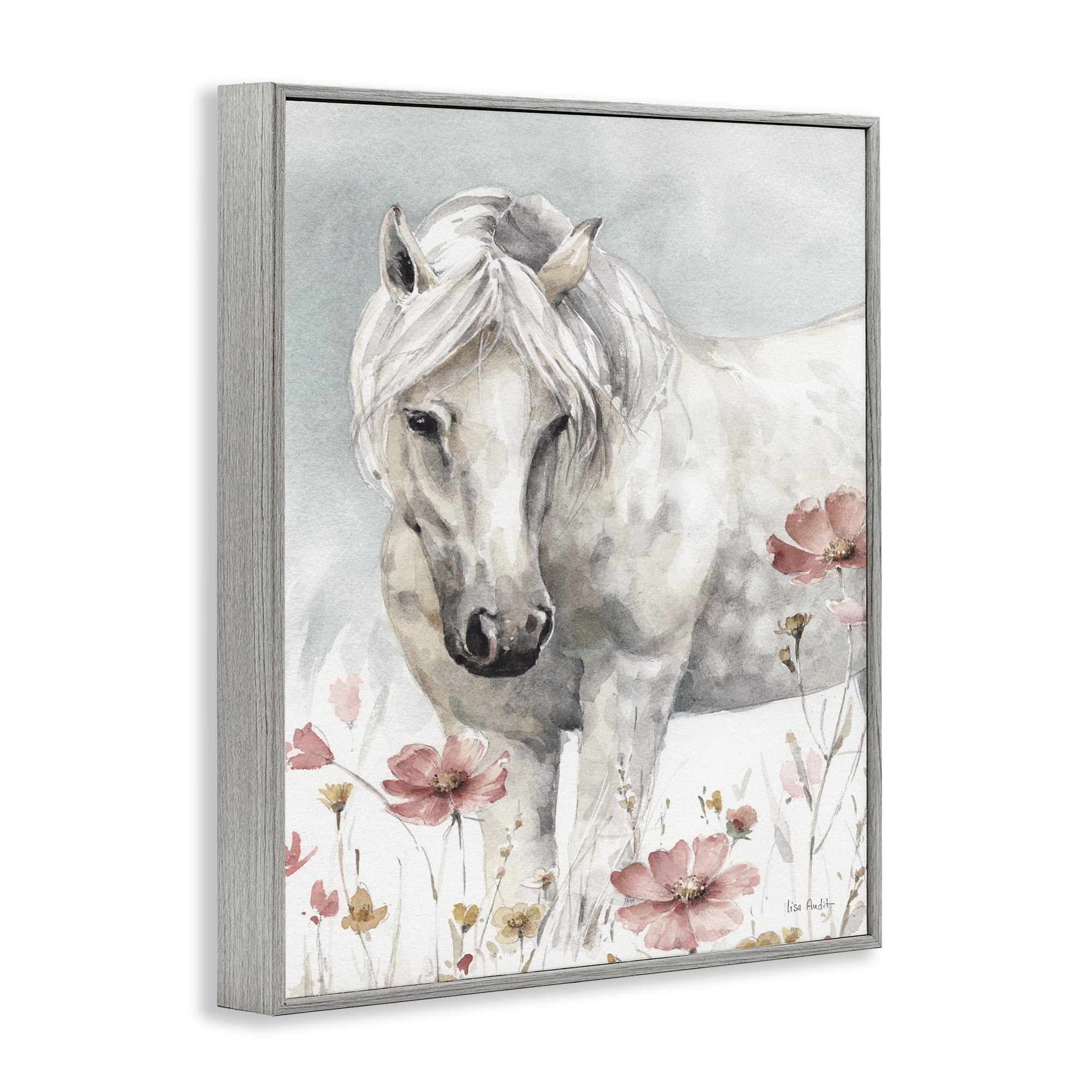 Stupell Industries Horse with Pink Flowers Animals & Insects Painting Gray Framed Art Print Wall Art, 11 x 14