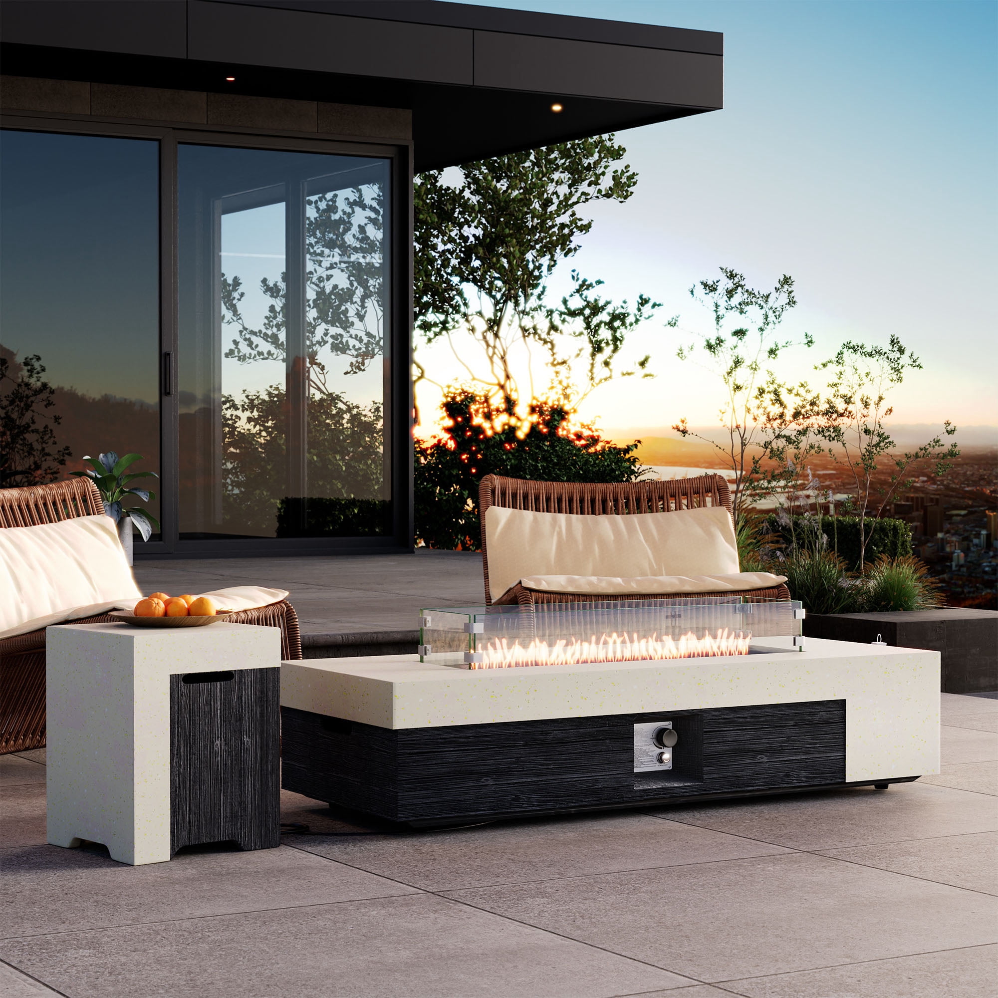 MOALCOFER 56" Rectangle Modern Outdoor Fire Pit Table, 50,000 BTUs with Propane Tank Cover and Wind Guard