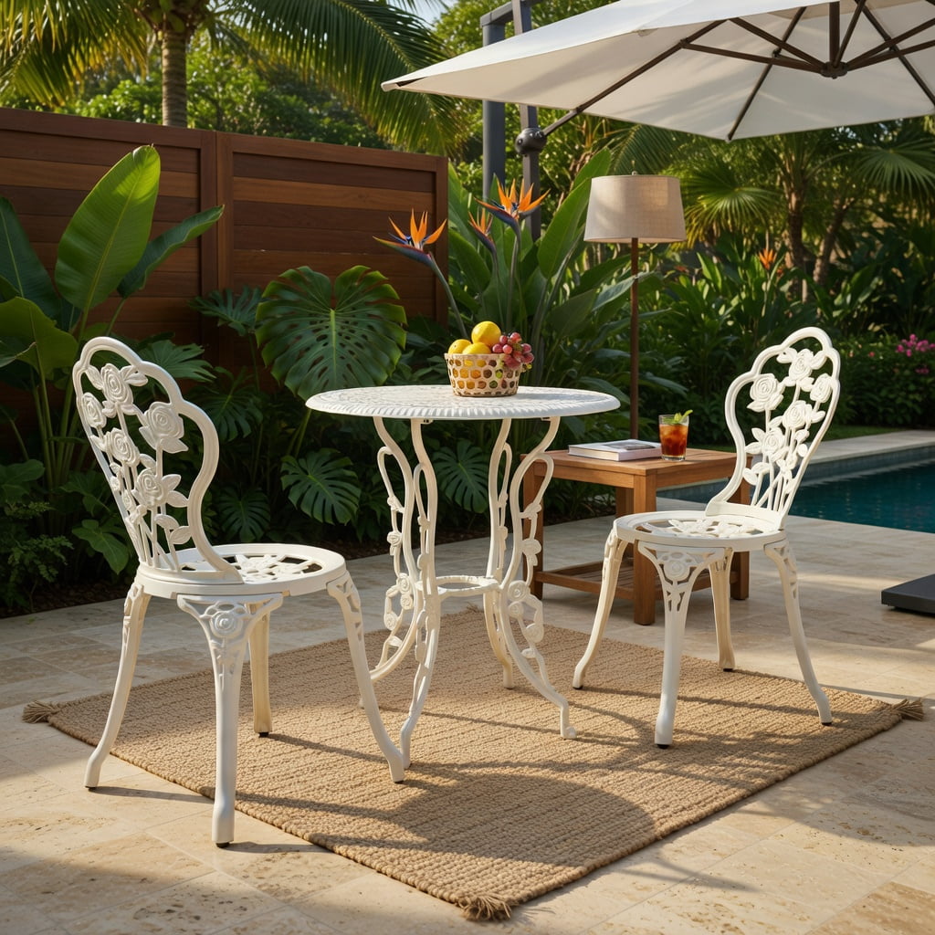 Hommoo Cast Aluminum Outdoor Patio Furniture Set, 3-Piece Rose-Embellished Table and Chairs for Balcony, Deck, Garden or Poolside, White