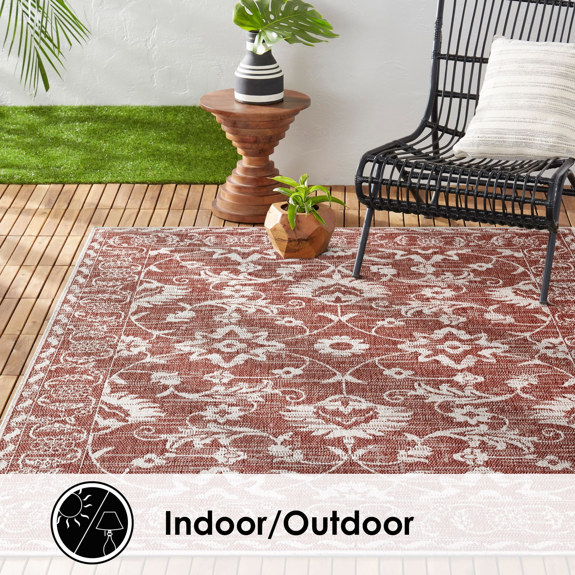 Nicole Miller New York Patio Country Ayala Botanical Floral Indoor/Outdoor Area Rug, Terracotta/Ivory , 5'2"x7'2"