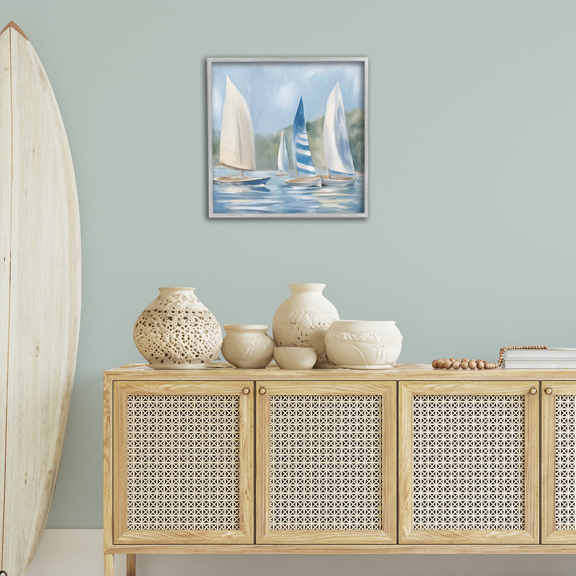 Stupell Industries Sailboat Day Painting Coastal Painting Gray Framed Art Print Wall Art, 24 x 24