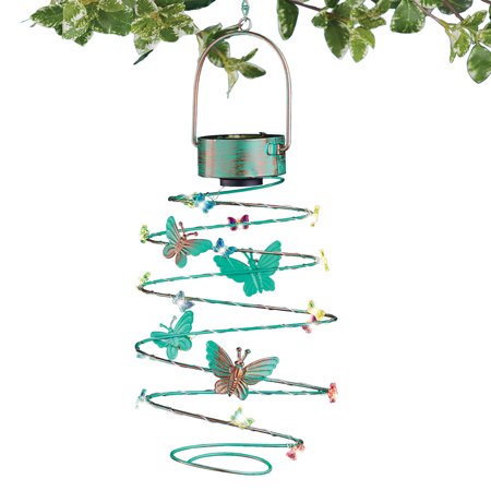 Solar Rustic Butterfly Spiral Hanging Lantern Whimsical Outdoor