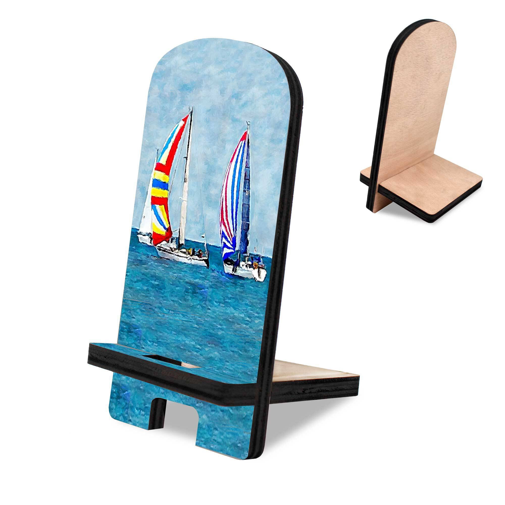 Designocracy 892042 6 x 3 x 3 in. Sail Boats Cell Phone Stand Coastal Decor with Wood Mobile Holder Organizer