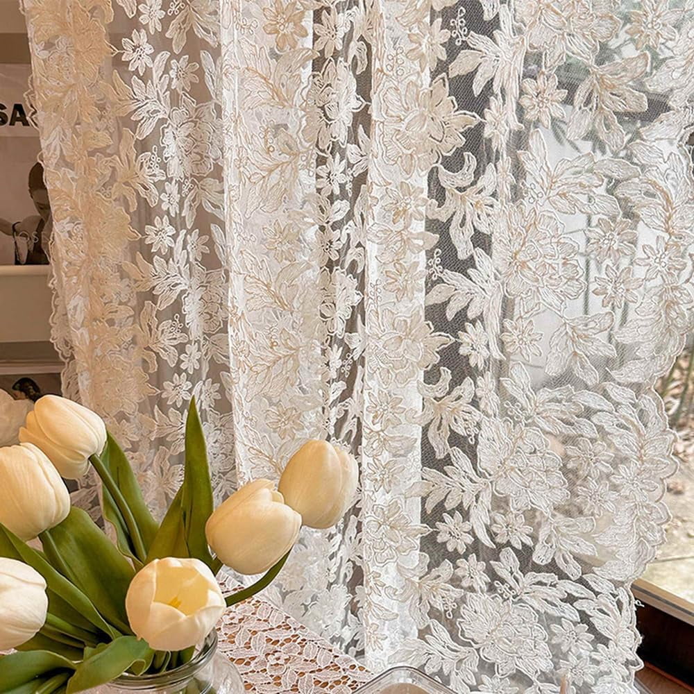 Joqmia Elegant Floral Lace Sheer Curtains, Vintage Embroidered Voile Panels for Bedroom Living Room Kitchen, 2-Pack Rod Pocket Light Filtering Window Drapes