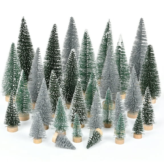 Gomaty 30PCS Miniature Pine Trees Sisal Trees with Wood Base Christmas Tree Set Tabletop Trees for Miniature Scenes, Christmas Crafts Tabletop Decorecture Trees (Silver)