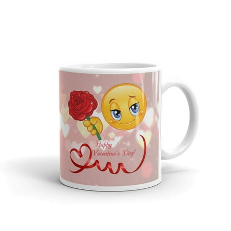 

Happy Valentine s Day Emoticon With Rose and Ribbon Heart Coffee Tea Ceramic Mug Office Work Cup Gift15 Oz
