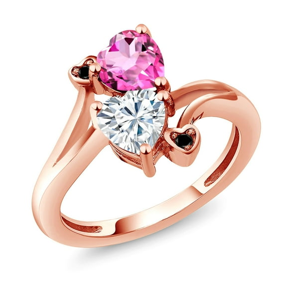 Gem Stone King 18K Rose Gold Plated Silver Pink Mystic Topaz White Moissanite and Black Diamond Ring for Women (1.78 Cttw, Heart Shape 6MM, Gemstone Birthstone, Size 9)