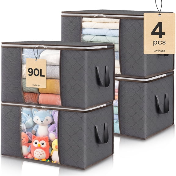 OVINESY 4 Pack Closet Organizers and Storage Bags, 90L Clothes Storage Bags, Clear Window, Reinforced Handles, Stainless Steel Zippers, Blanket and Comforter Organizer for Bedding, Clothing, Moving