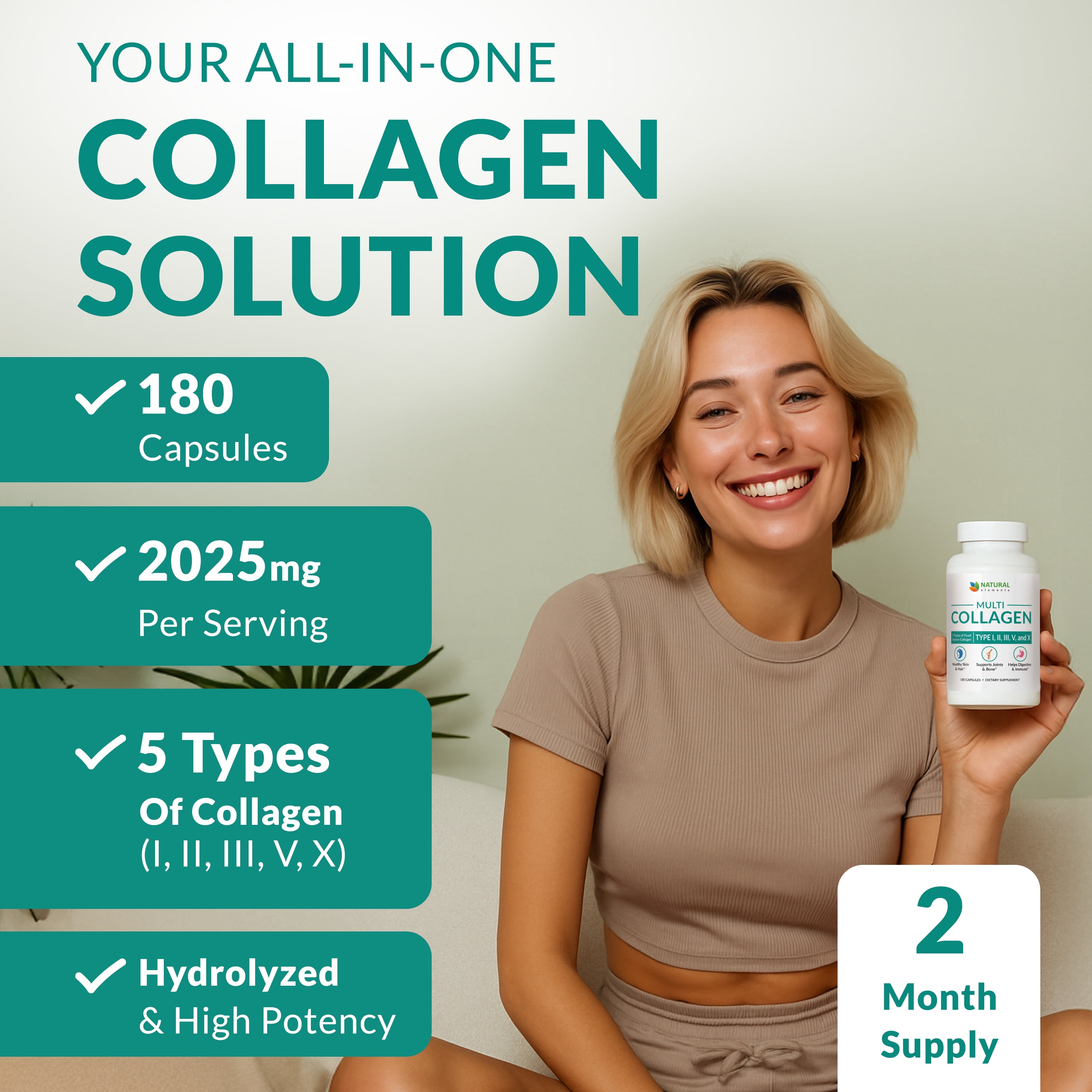 Collagen Pills - 180 Collagen Capsules with Proprietary Blend of Type I, II, III, V, X - 2025mg per serving collagen supplement