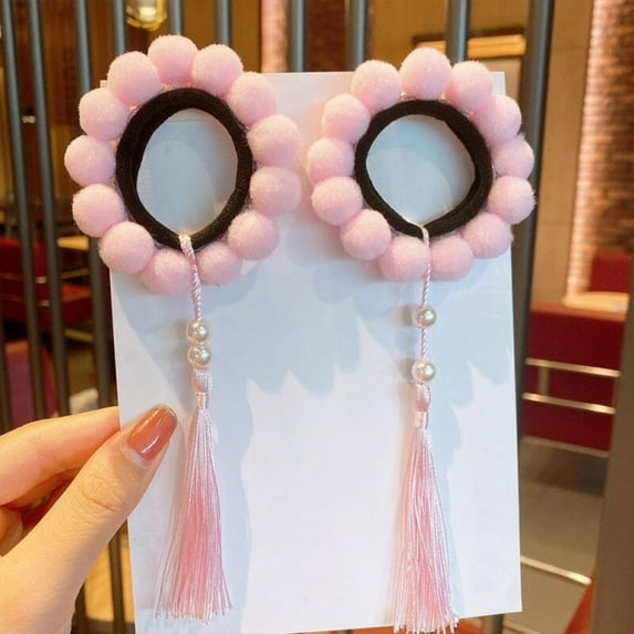 Keimprove 1 Pair Chinese Style Children's New Year Kawaii Hair Ring Cheongsam Hanfu Hair Accessories Cosplay Ball Colorful Tassel Headwear