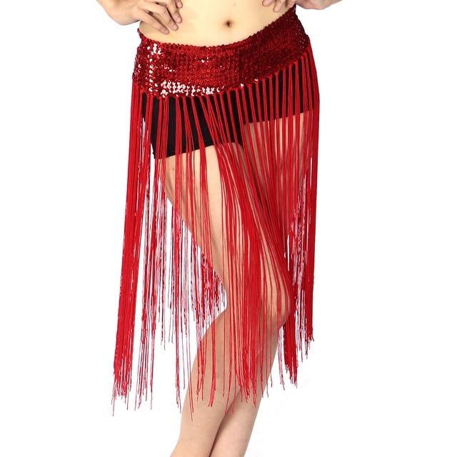 Falda con flecos y lentejuelas elásticas para danza del vientre, para mujer, con borlas, brillante, para discoteca, talla única (roja)