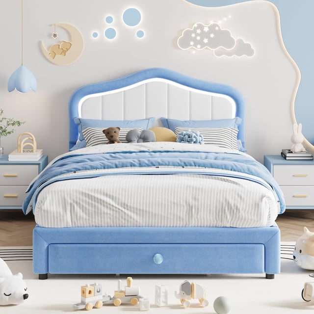 Eastvita Full Size Upholstered LED Bed Frame Velvet Finish/Built-in Storage Drawer - Wooden Slat Support/No Box Spring/Easy Assembly/Blue Color