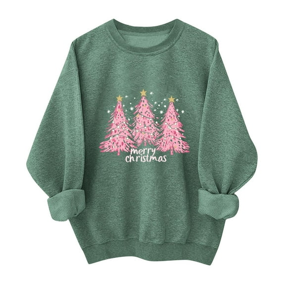 SYMOID Womens Christmas Themed Oversized Cotton Sweatshirt - Green, Merry Christmas Lettering & Pink Tree Print, Crew Neck Long Sleeve Festive Casual Top (S-XXL),Size S