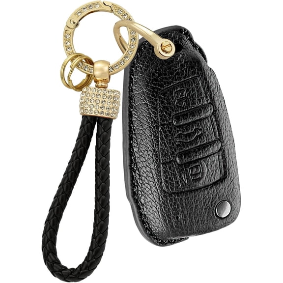 Leather Key Fob Cover Fit for Audi Q3 2016 Q7 A3 A1 TT R8 RS3 RS6 S3 S6 Flip Key Shell Case Keyless Bright Key Pouch with Bling Weave Keychain