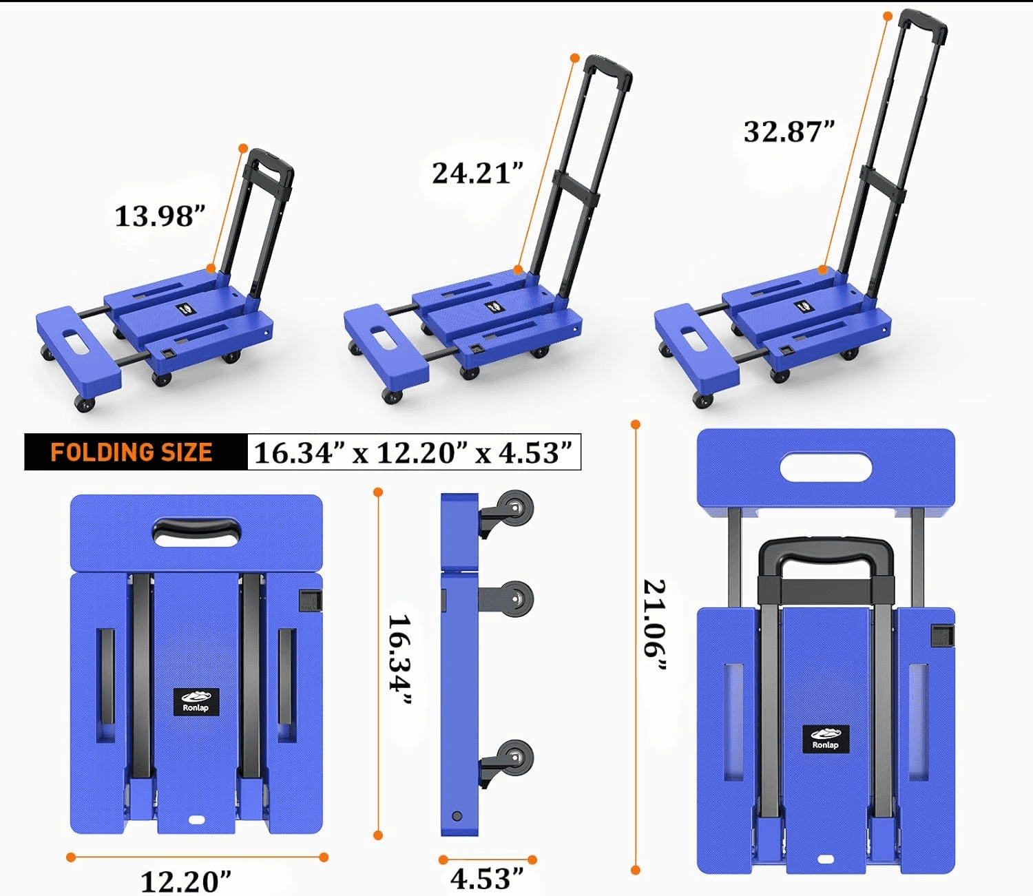LLMRR Folding Hand Truck, Heavy Duty Dolly Cart, Collapsible Luggage Cart with 6 Wheels & 2 Elastic Ropes, 500 LB Capacity Portable Luggage Cart for Moving, Traveling and Shopping, Blue